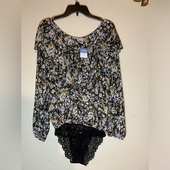NWT Free People Floral Print Black Combo/Lace Bodysuit - Picture 3 of 9